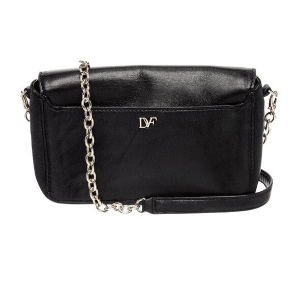 Diane von Furstenberg Black Leather Lips Crossbody Bag with Chain-Link Strap - Picture 2 of 6